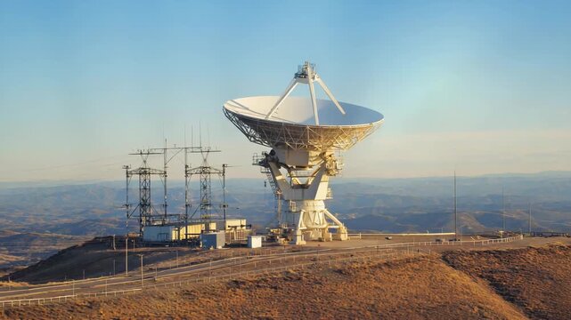The dish rotates smoothly to align with a signal The camera performs a gentle pan left Subtle light flares shift across the surface Cinematic realism 