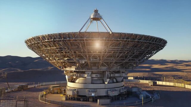 The dish rotates smoothly to align with a signal The camera performs a gentle pan left Subtle light flares shift across the surface Cinematic realism