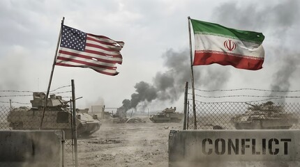 Flags of the United States and Iran in a war zone with smoke rising from tanks during a conflict situation Generative AI
