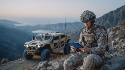 Outdoor military command post with AI technology, warfare analyst and commander studying tablet-based artificial intelligence system coordinating troops across terrain