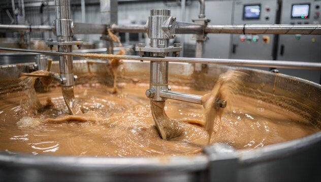 Medium shot focusing on mechanical agitators stirring sugar mixtures in large vats emphasizing movement and equipment precision in syrup preparation.