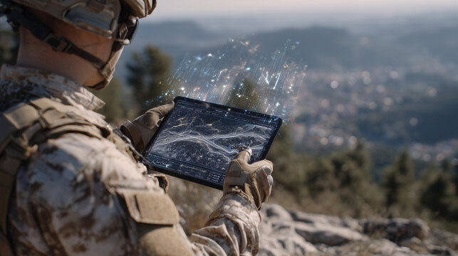 Close-up cinematic shot of a commander&acirc;s hands holding a tablet with AI-powered tactical visualization, digital maps and icons floating above, modern army technology theme