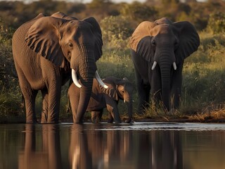 Majestic elephants drinking at a serene morning watering hole