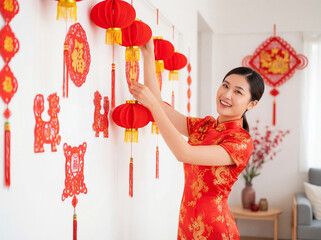 Smiling Chinese Woman Decorating for Holiday