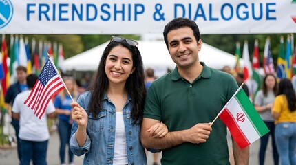 People hold flags of the United States and Iran during an event promoting friendship and dialogue among cultures in a park setting Generative AI