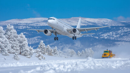 Fototapeta premium Close-up winter aviation shot of a passenger aircraft lifting off from a snowy runway, snow blasting behind the engines, crisp blue sky over white mountains and dark pine forests