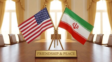 Flags of the United States and Iran on a wooden table in a room with large windows and curtains, symbolizing friendship and peace in a diplomatic setting Generative AI