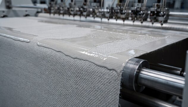 Medium shot capturing polyurethane coating being evenly applied to conveyor belt textiles emphasizing seamless finish and highperformance wear resistance in industrial use.