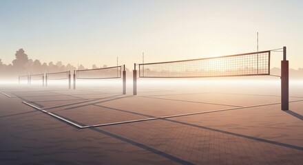 Beach Volleyball Court at Sunset Foggy.