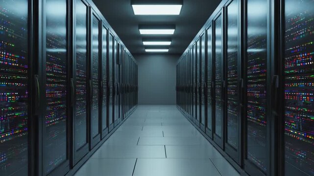  Server lights cascade rhythmically across the racks The camera slowly dollies forward Soft ambient haze shifts gently Cinematic realism