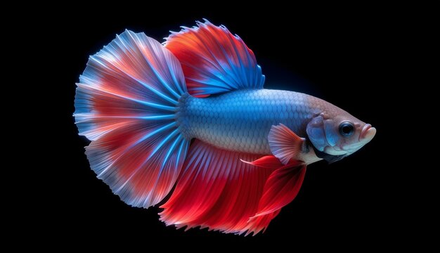 Beautiful Rosetail Betta fish with blue and red fins swimming on isolated black background