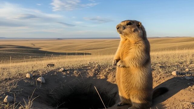 marmot standing in sunlit prairie field near burrow