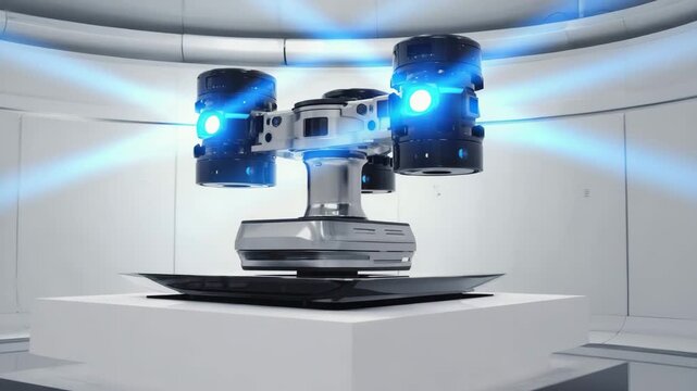 Sensors rotate slightly while scanning beams activate The camera performs a slow push-in Reflections shift across surfaces Cinematic realism
