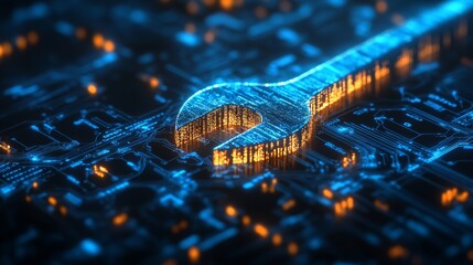 Digital wrench spanner with glowing binary code symbolizes AI in maintenance management systems and predictive maintenance for equipment diagnostics and repair assistance