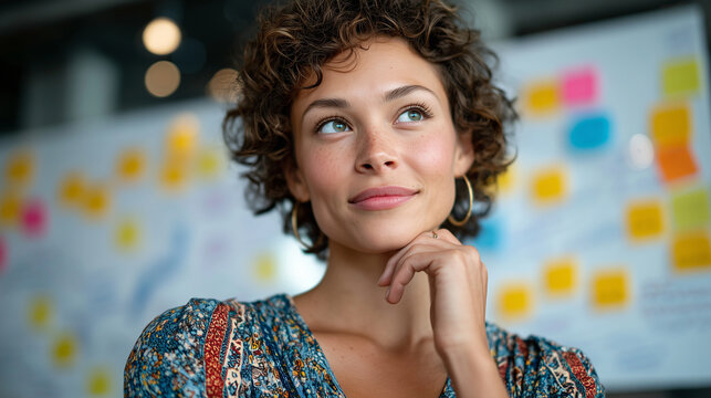 Woman planning a workflow on a whiteboard using colorful sticky notes, thoughtful expression, organized patterns and connections representing strategic thinking and data analysis - Powered by Adobe