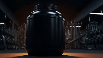 A black container stands prominently on an orange-lit surface within a dimly lit gym environment