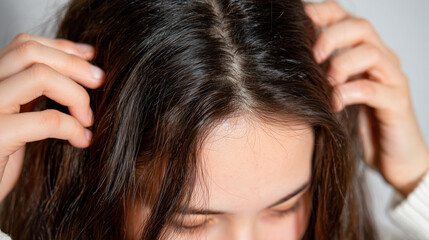 Naklejka premium Macro-style close-up of brunette hair parted by fingers, scalp clearly visible, soft lighting and shallow depth of field emphasizing thinning hair concept
