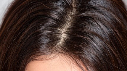 Macro-style close-up of brunette hair parted by fingers, scalp clearly visible, soft lighting and shallow depth of field emphasizing thinning hair concept