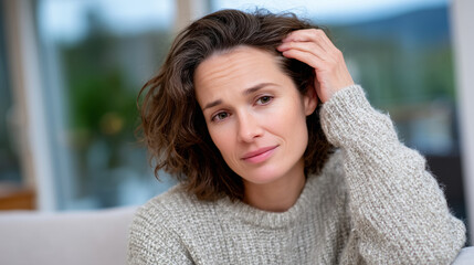 Brunette woman seated near a window, gently examining her scalp with worried expression, thinning hair visible, natural tones symbolizing aging and hair health awareness