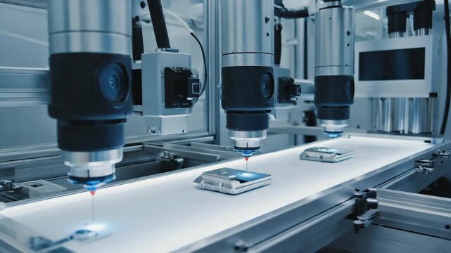 Scanning beams sweep methodically across the components The camera remains locked Sensor indicators glow in sequence Cinematic realism