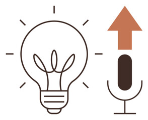 Innovation, podcasting, creativity, audio content creation, media growth, digital strategy. A light bulb and microphone with an upward arrow. Innovation and podcasting illustrated simply
