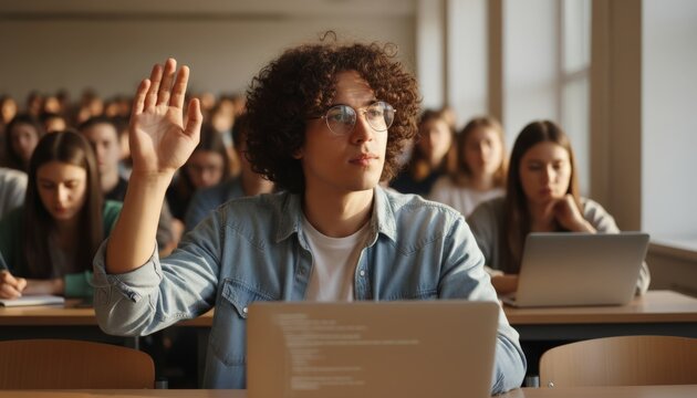 Curly Student Raising Hand In Lecture, Laptop Open And Classmates Attentive, Warm Natural Light, Focused Inquiry And Active Participation In Academic Setting, Note Taking Visible On Desk.