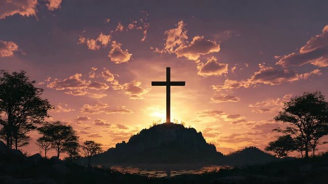 Silhouette of cross on hilltop with glowing sunset sky and clouds, peaceful Christian symbol of faith scene
