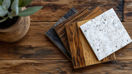 Flat lay of natural color vinyl and wood laminate squares, oak background, realistic wood grain and subtle texture details, professional flooring material presentation