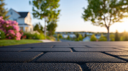 Close-up of granular rubber pavement tiles on driveway, soft morning light, country house blurred in background, emphasizing eco-friendly and durable driveway design