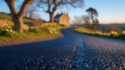 Macro texture view of black rubber crumb driveway, driveway leading to a country house entrance, sunlight creating subtle highlights and shadows, practical and visually appealing s