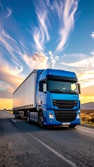 A blue semi-truck cruises on a highway towards the sunset with swirling clouds above it