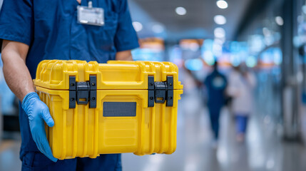 Close-up of a healthcare professional holding a secure organ transport cooler, hospital hallway blurred in background, careful handling, concept of transplantation and life-saving