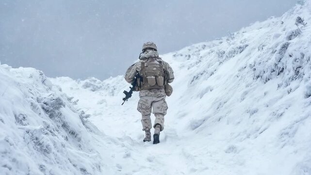 Armed soldier in camouflage gear walking through snowy mountain terrain during winter military patrol mission