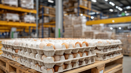 Warehouse shot showing rows of cardboard pallet trays filled with fresh hen eggs, industrial shelving in background, clean and organized for import/export logistics