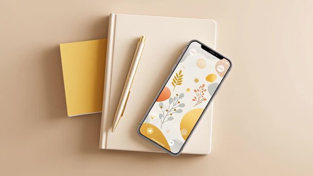 Minimalist workspace with smartphone, notebooks, and pen on beige background