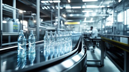 Sleek conveyor belt carries bottles of mineral water through a modern factory with bright lights showing the production process and staff at work on a busy day