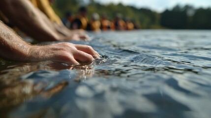 Focused medium shot of capsize preparedness drills in a calm lake setting showing detailed hand grips while the rippling water fades into the background.