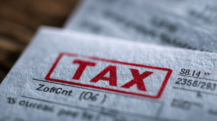 Word "TAX" stamped in red ink on official documents, close-up, blurred paper textures and form numbers, concept of audit and taxation process