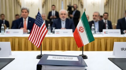 Diplomatic talks take place with US and Iranian leaders at a negotiation table in a hotel setting on a date focused on reaching agreements Generative AI