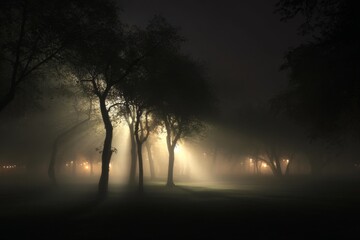 Mysterious thick fog covering a city park at night with silhouettes of trees and glowing street lights, moody atmospheric landscape in a misty parkland