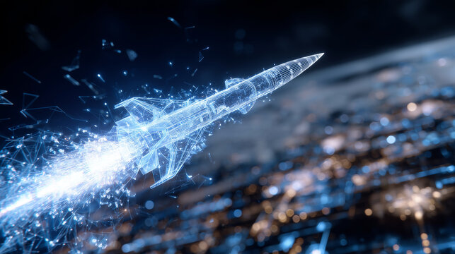 Close-up of a digital wireframe missile in neon blue, complex 3D structure, holographic engineering data floating around, dark circuit background emphasizing advanced cyber militar