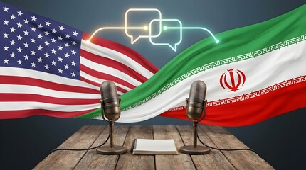 Discussion between representatives of Iran and the United States over dialogue and cooperation at a negotiation table with flags in the background Generative AI