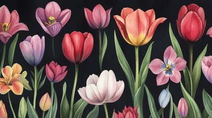 Elegant floral array showcasing tulips and springtime blossoms on dark backdrop