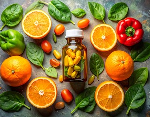 Fresh oranges, bell peppers, and greens paired with vitamin supplements a visual representation of balanced nutrition for daily health and wellness