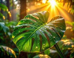 Vibrant Monstera Leaf with Sparkling Raindrops Illuminated by Golden Sun Rays in a Tropical Jungle Environment