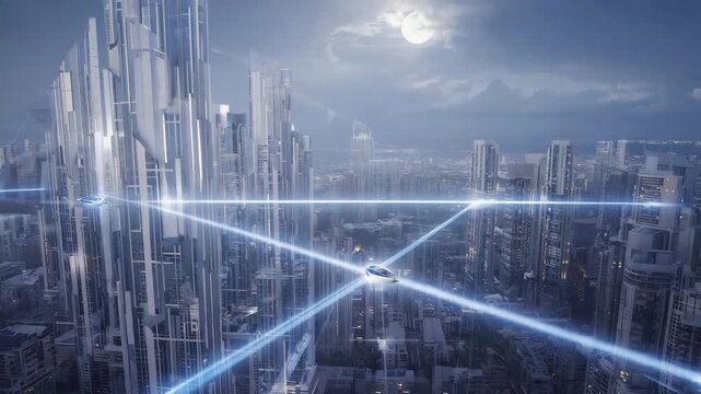 Light pulses travel along the network lines between buildings The camera performs a slow aerial dolly forward Ambient haze drifts softly Cinematic realism