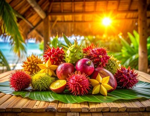 Vibrant exotic tropical fruits, rambutan and star fruit, on a leaf on a wooden table. Sun-drenched beach with palm trees background. Healthy island indulgence