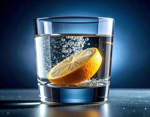 A refreshing clear glass of sparkling water with a radiant citrus fruit slice, capturing the essence of hydration and a healthy lifestyle through dynamic bubbles and crisp clarity