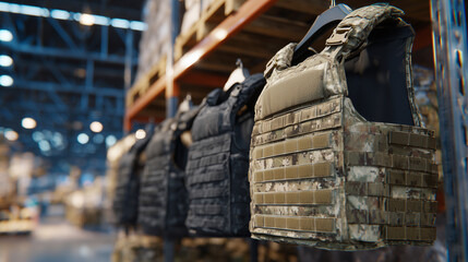 Close-up of tactical bulletproof vests with reinforced plates and adjustable straps on a rack, industrial lighting highlighting texture and stitching, military and law enforcement