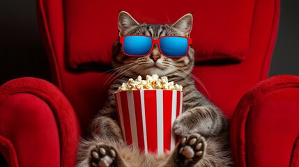 Cat enjoys watching a 3D movie with popcorn while sitting in a red armchair during a cozy evening at home